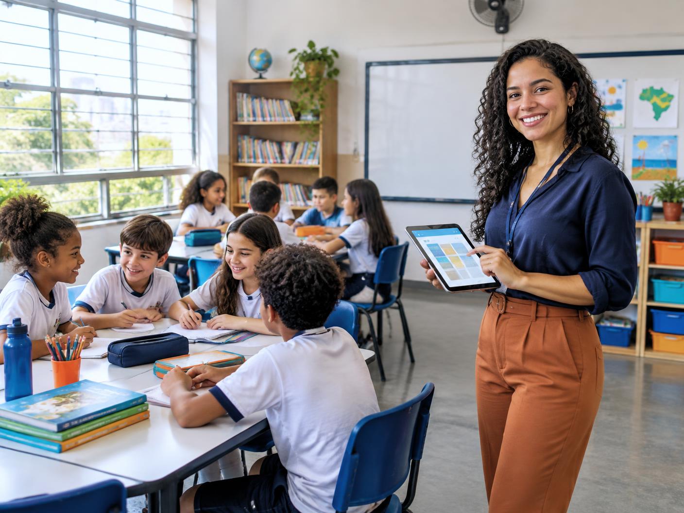 Professora usando tecnologia com alunos em sala de aula